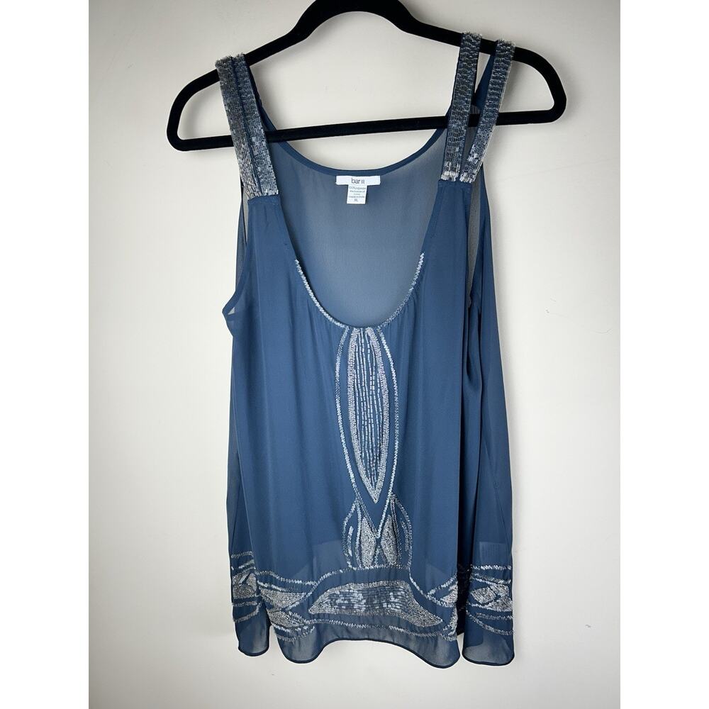 Bar ll Navy Blue Beaded Sequin Glam Bling Strappy Neck Art Deco Tank Large Sheer